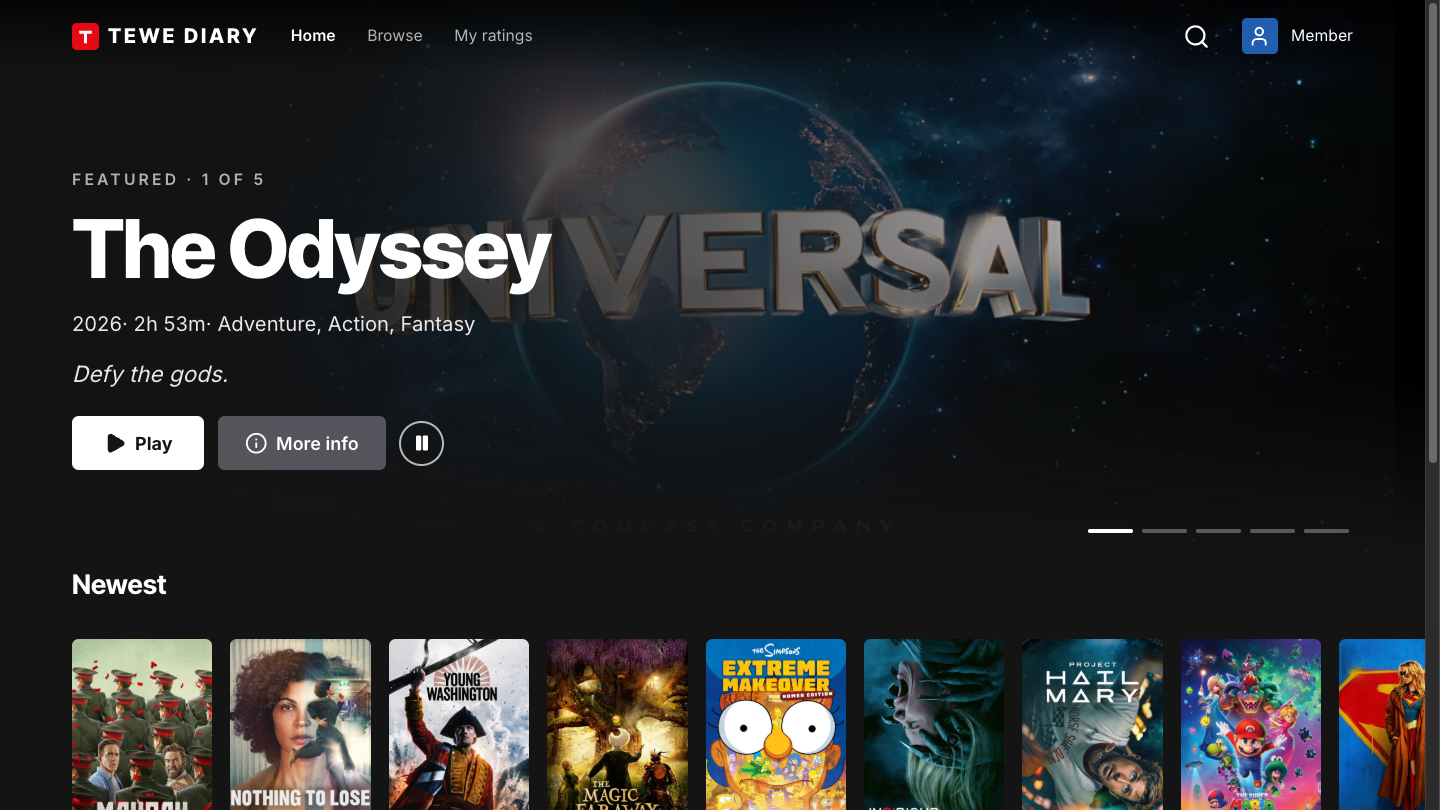 The home screen with the featured film and its trailer behind the title