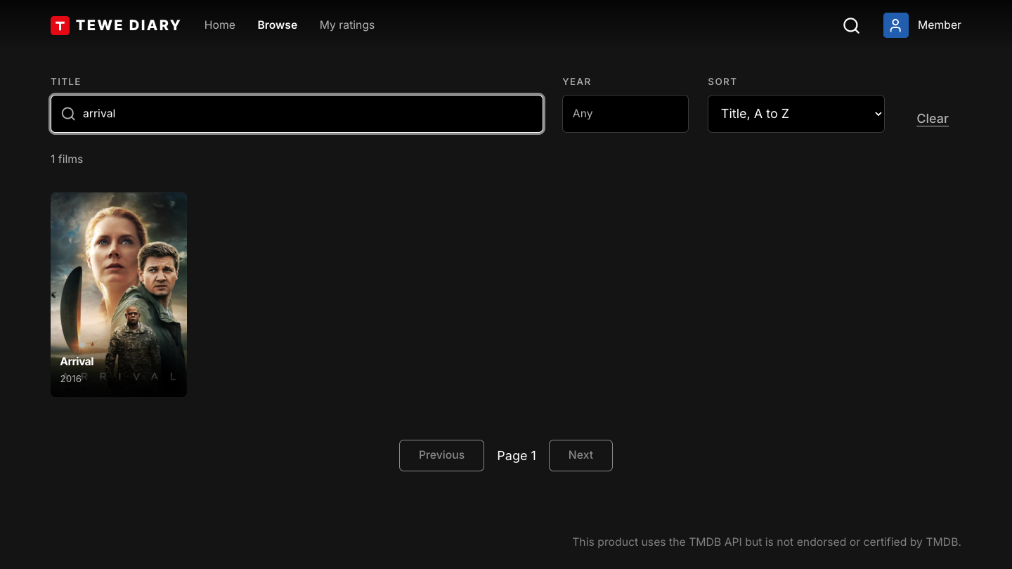 The browse screen after searching for a title