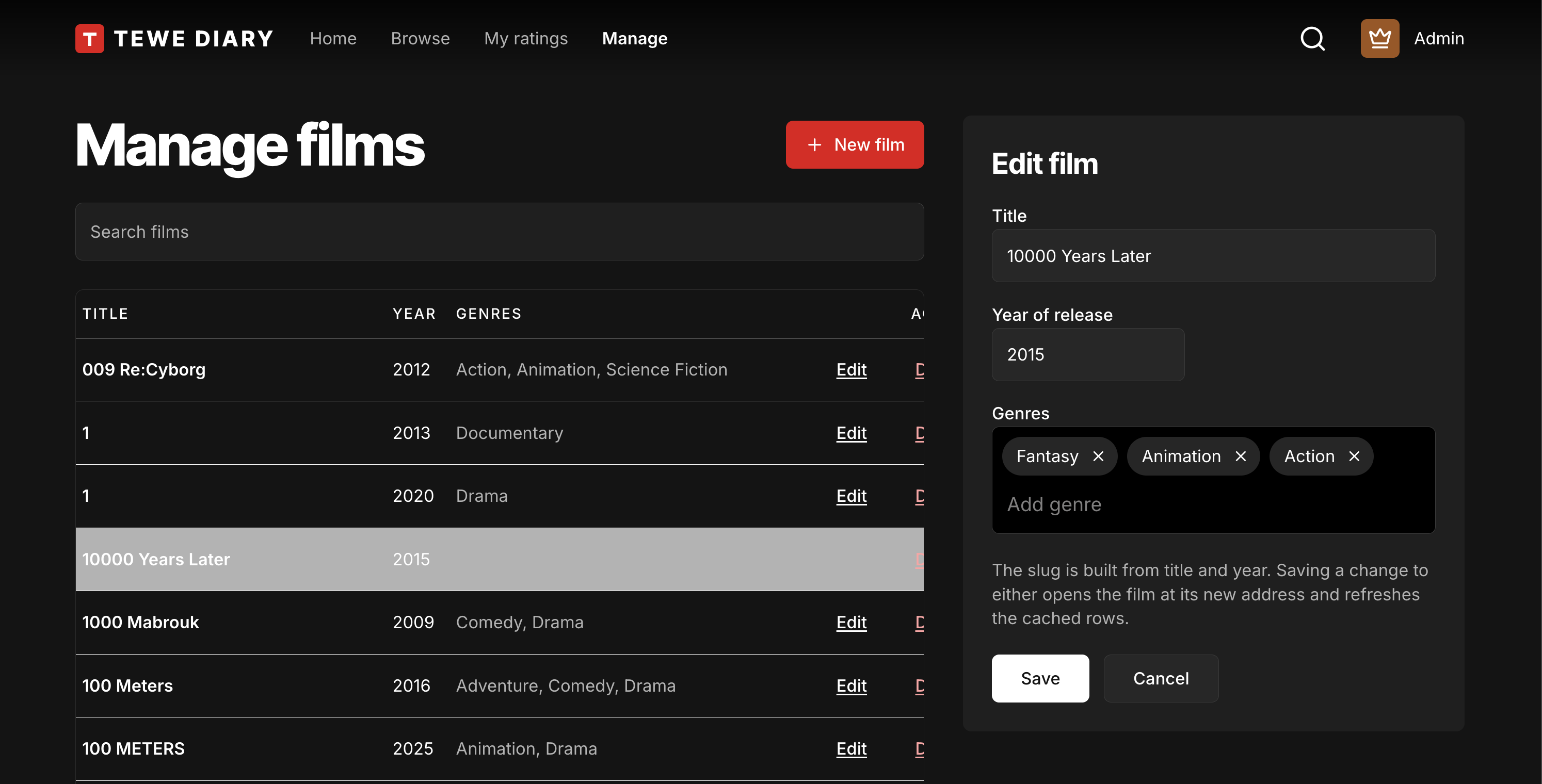 The manage screen as Admin